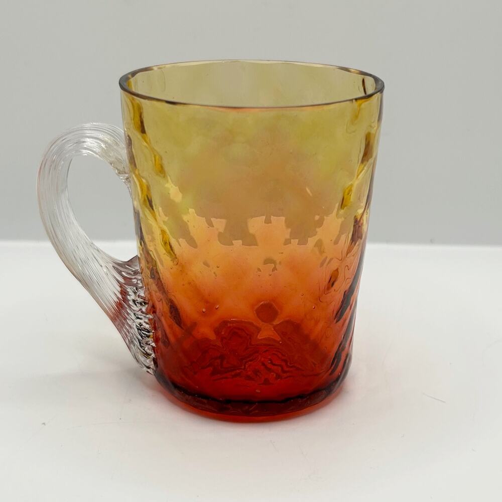 Antique Victorian Amberina Art Glass Diamond Quilted Optic Cup w/ Clear Handle
